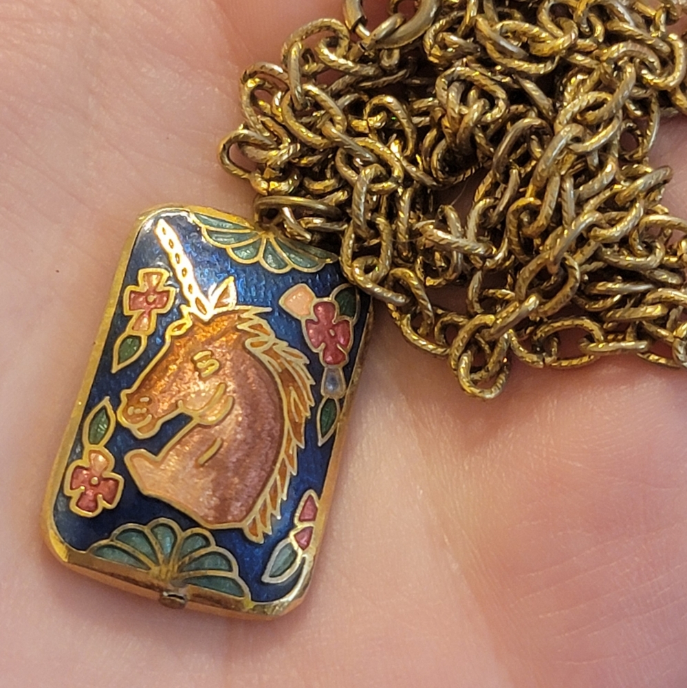 Vintage unicorn flowers double sided blue Cloisonne necklace